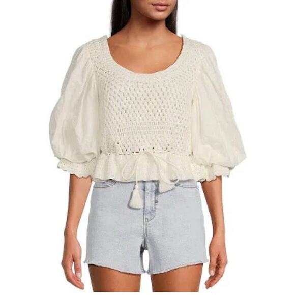 A Loves A Tops A Loves Ascoop Neck Woven Short Puffed Sleeve Tie Waist Top Large - Picture 1 of 5